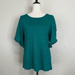 Chico's 100% Linen Green Flutter Sleeves Blouse Top, Sz Medium